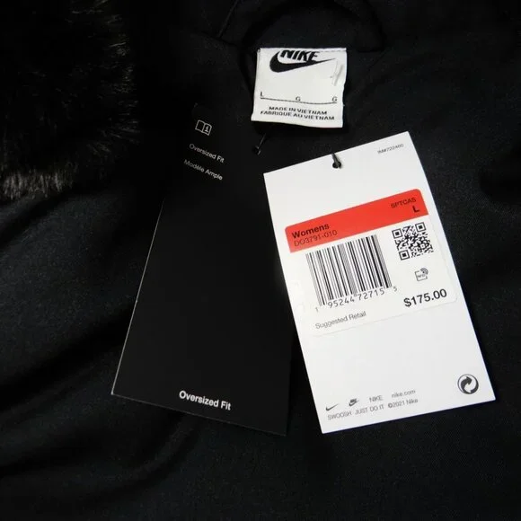 NIKE Faux Fur Plush Swoosh Teddy JACKET Size L Oversized Black Fossil Logo NEW - Picture 8 of 12